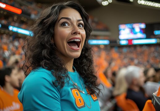A woman is smiling and taking a picture of herself at a baseball game - Powered by Adobe