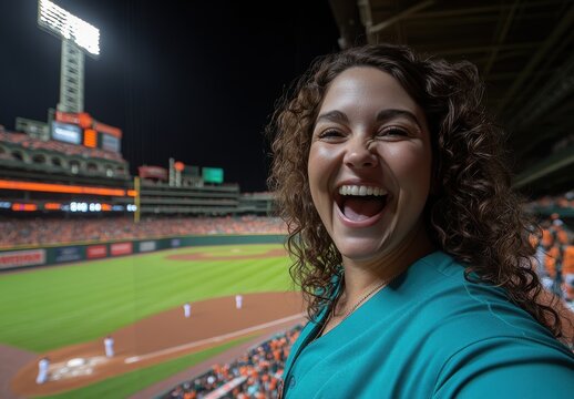 A woman is smiling and taking a picture of herself at a baseball game - Powered by Adobe
