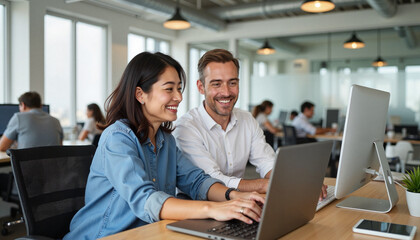 Collaborative teamwork in open office, enhancing productivity