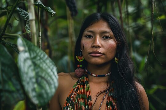 Yanomami woman wearing traditional headdress in the forest