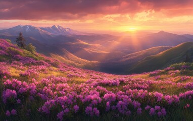 Vibrant Wildflower Meadow Bathed in Golden Light as the Sun Sets Behind Majestic Mountains in a Serene Landscape
