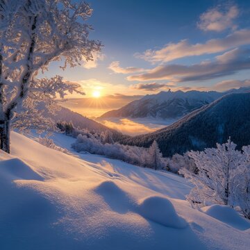 A snowy mountain landscape at sinrise