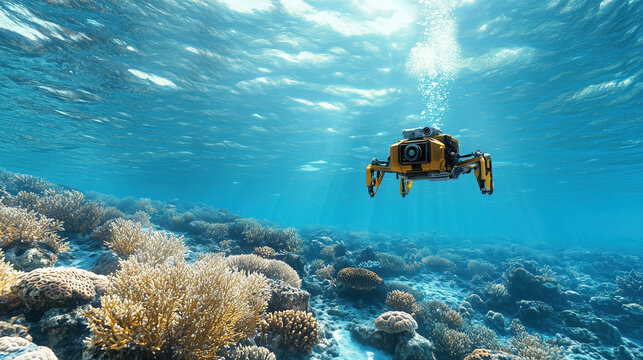 Underwater robot exploring vibrant coral reef ecosystem