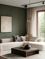 Modern living room with sectional sofa and dark wood coffee table