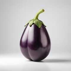 A fresh purple eggplant displayed against a white backdrop, highlighting its glossy surface and distinctive form.
