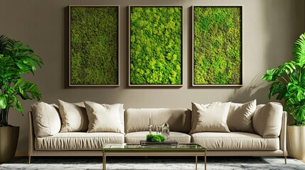 Elegant frames with moss wall art against soft taupe walls in a modern living room
