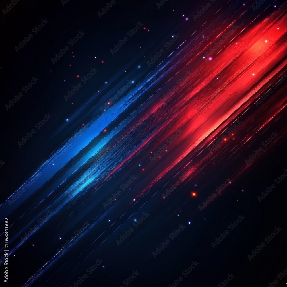 Poster abstract design featuring blue and red streaks on a dark background creating a dynamic contrast and 