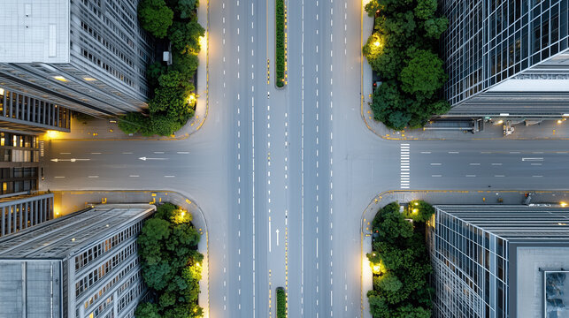 Aerial view of empty city intersection at night