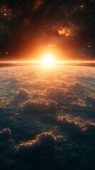 Vibrant Sunrise Over the Horizon With Swirling Clouds Illuminated by Warm Light in a Cosmic Landscape