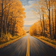 Fototapeta premium Road Lined With Autumn Trees Creates a Picturesque Journey Through Vibrant Fall Colors in a Rural Landscape