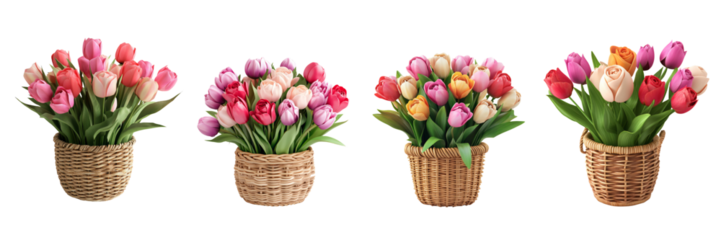 A 3D icon of mixed tulips and roses in a small woven basket-style pot, set elegantly on a transparent background.