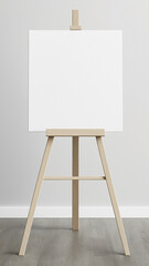 Photorealistic mockup of a plain canvas on an easel in a minimalist setting