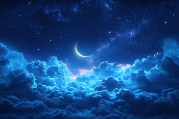 Serene night sky with crescent moon above fluffy clouds.