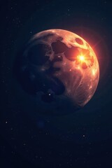 Fototapeta premium Dark celestial body with glowing star and moon against dark background, astronomy, space