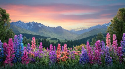 Vibrant Wildflowers Mountain Sunset Landscape Photography