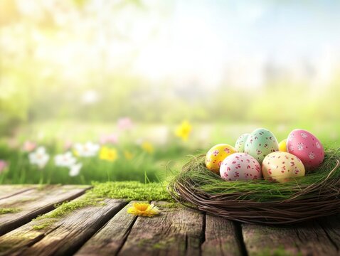 Colorful Easter Eggs Nestled in a Retro Wooden Table Setting with a Serene Background