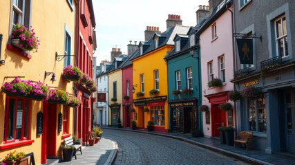 Fototapeta premium Irish Cobblestone Street, Historic Buildings, Flowers, Pub Signs, Colorful Scene