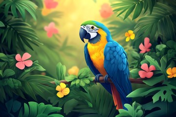 Obraz premium Blue-and-yellow macaw perching on branch in lush tropical rainforest