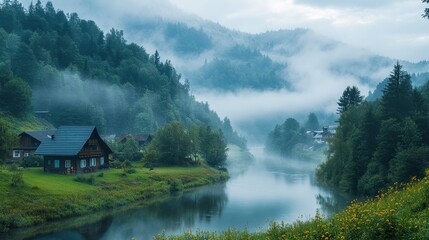 Fototapeta premium Misty River Landscape With a Rustic Cabin Surrounded by Mountains and Forests During Early Morning Light