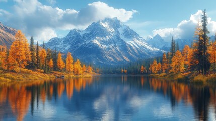Obraz premium Majestic Mountain Landscape Reflecting Autumn Colors in Tranquil Lake Under a Bright Blue Sky During Daylight Hours