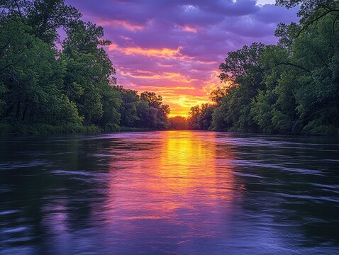 Vibrant sunset reflected on a calm river flowing through lush green trees.