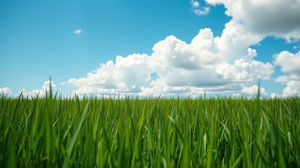 Lush Green Meadow Under a Clear Blue Sky, Cloud-Filled, High-Quality AI Image, Perfect for Desktop Background