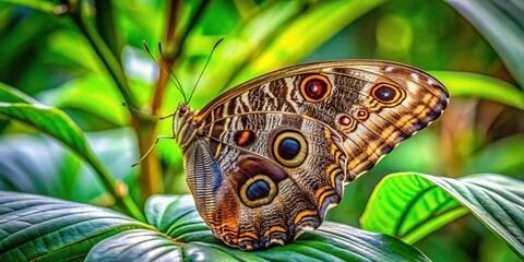 Stunning Panoramic Photography of Giant Owl Butterfly - Caligo memnon in Central America Forests, Showcasing Its Magnificent Wings and Vibrant Colors Amidst Lush Greenery and Natural Habitat