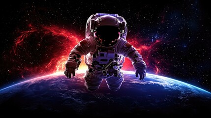 Astronaut floating in space earth below digital art cosmic environment dramatic viewpoint exploration concept