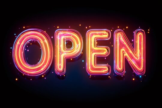 Vibrant neon open sign glowing on dark background - Powered by Adobe