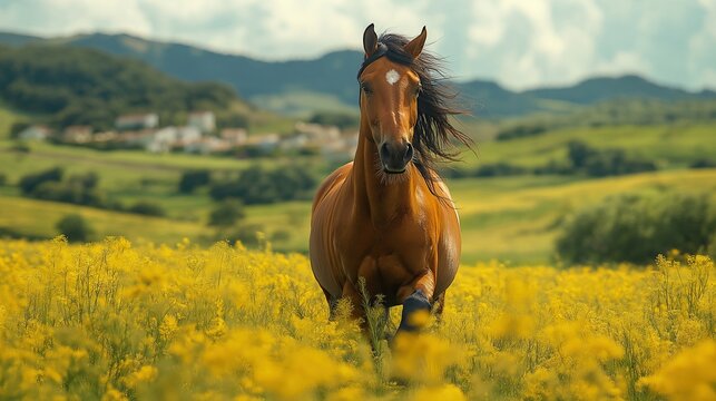 Chestnut horse running through wildflowers image. Flowing mane gallop. Rural village and green hills photography scene. Nature animal equine wildlife concept photorealistic photo