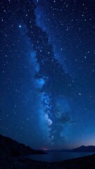 starry night sky background, deep dark blue with scattered stars, milky way galaxy, dreamy cosmic atmosphere, high-resolution, ethereal and magical feel, poster, postcard, screensaver, wallpaper.