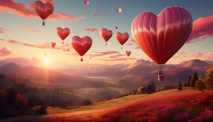 Fototapeta premium Romantic Heart Shaped Hot Air Balloons Soaring Over Sunset Landscape