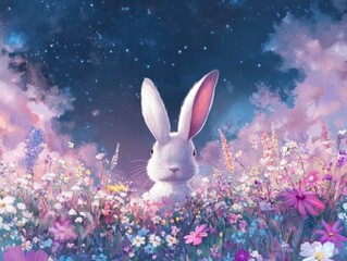 Fototapeta premium Enchanting Bunny with Ears Peeking Out from a Colorful Pastel Flower Field Under a Starry Sky