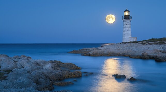 Lighthouse overlooking ocean in moonlight image. Picturesque beacon stands near calm waters in full moon photography scene wallpaper. Serene moonlit seascape concept photorealistic photo