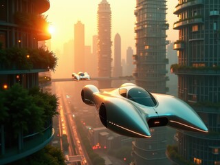 Futuristic cityscape with hover cars navigating sleek skyscrapers at sunset