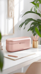 Modern insulated container placed on a bright desk in a sunlit home office setting