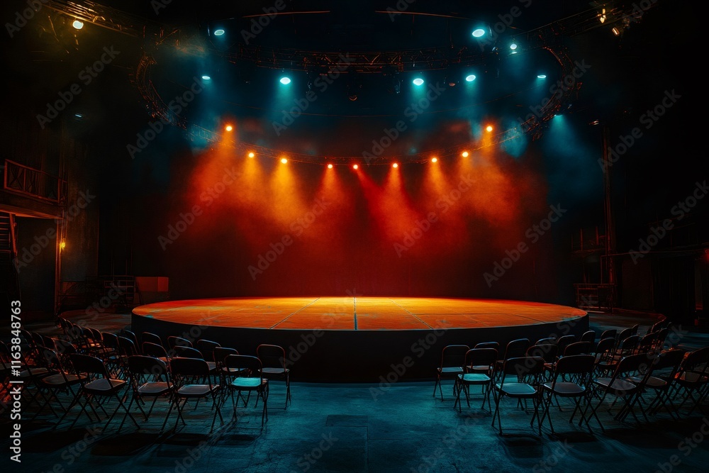 Poster Empty round stage illuminated by warm and cold lights waiting for the show to begin
