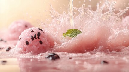 Fototapeta premium Refreshing pink ice cream splashing with mint leaves.