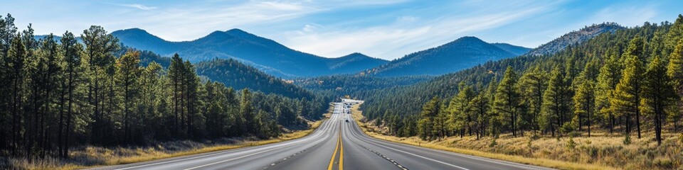 Fototapeta premium Road Stretching Through Pine Forests and Mountains Under a Clear Blue Sky in a Remote Area of Nature During Daytime