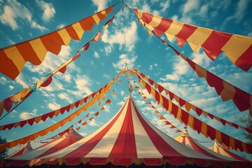 Colorful flags hanging above red and white circus tent under blue sky