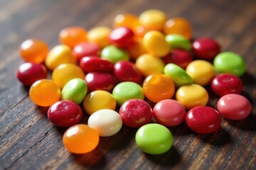 Obraz premium Group of assorted candies arranged in a single pattern on a table, candy, colorful sweets, candy mix