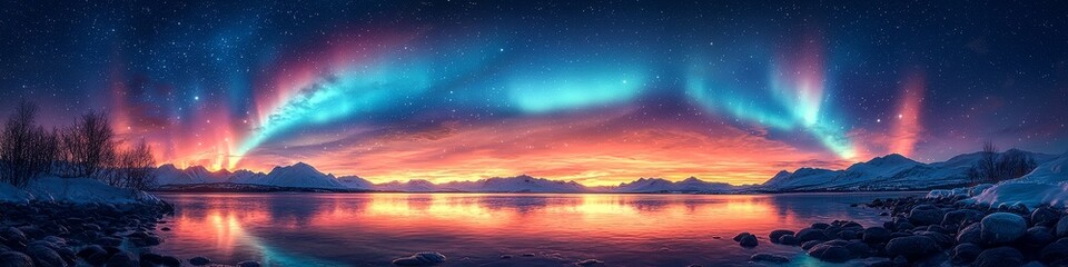 Fototapeta premium Majestic Northern Lights Illuminate a Serene Winter Landscape Reflecting on Calm Waters at Dusk