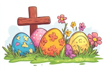 Easter eggs and christian cross celebrating resurrection of jesus christ