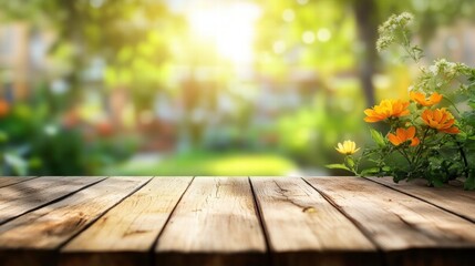 Fototapeta premium A Tranquil Wooden Table in a Lush Garden Surrounded by Nature's Beauty and Bright Flowers Illuminated by Golden Light