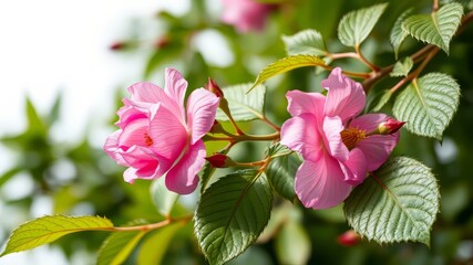 Obraz premium Pink Rosa Rugosa Wild Rose Branch, Wrinkled Leaves, Isolated PNG, Bright Photo
