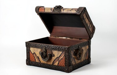 A vintage treasure chest made of leather and fabric featuring snakeskin patterns isolated against a white background.
