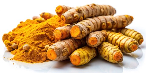 Vibrant Turmeric Roots on White Background - Fresh Organic Spice, Culinary Ingredient, Health Benefits, Natural Remedies, Cooking, Nutrition, Turmeric Benefits, Herbal Medicine, Superfood