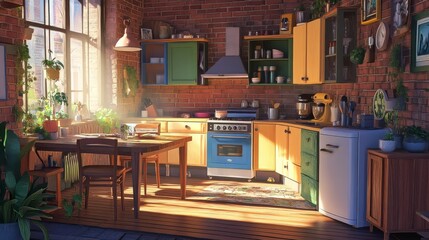 Kitchen interior with dining table, counter, fridge, stove and cupboards. Vector cartoon illustration of empty room for cooking in apartment with retro furniture, hood and plants