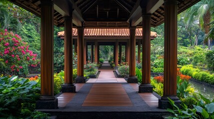 Wooden walkway with columns leading through a beautiful asian garden