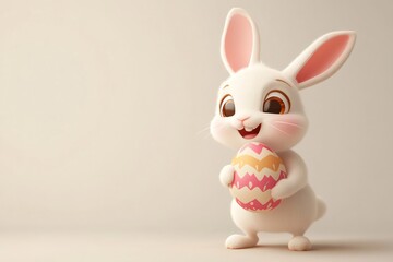 Happy easter bunny holding decorated egg on neutral background